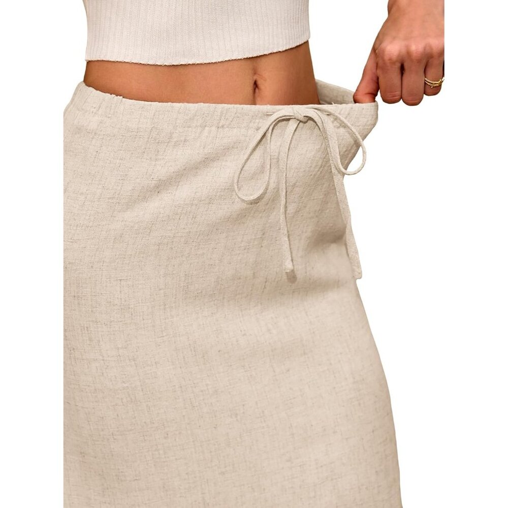 Women's Beige Linen Back Slit Elastic Drawstring Flowy Ankle-Length Maxi Skirt - Picture 5 of 6